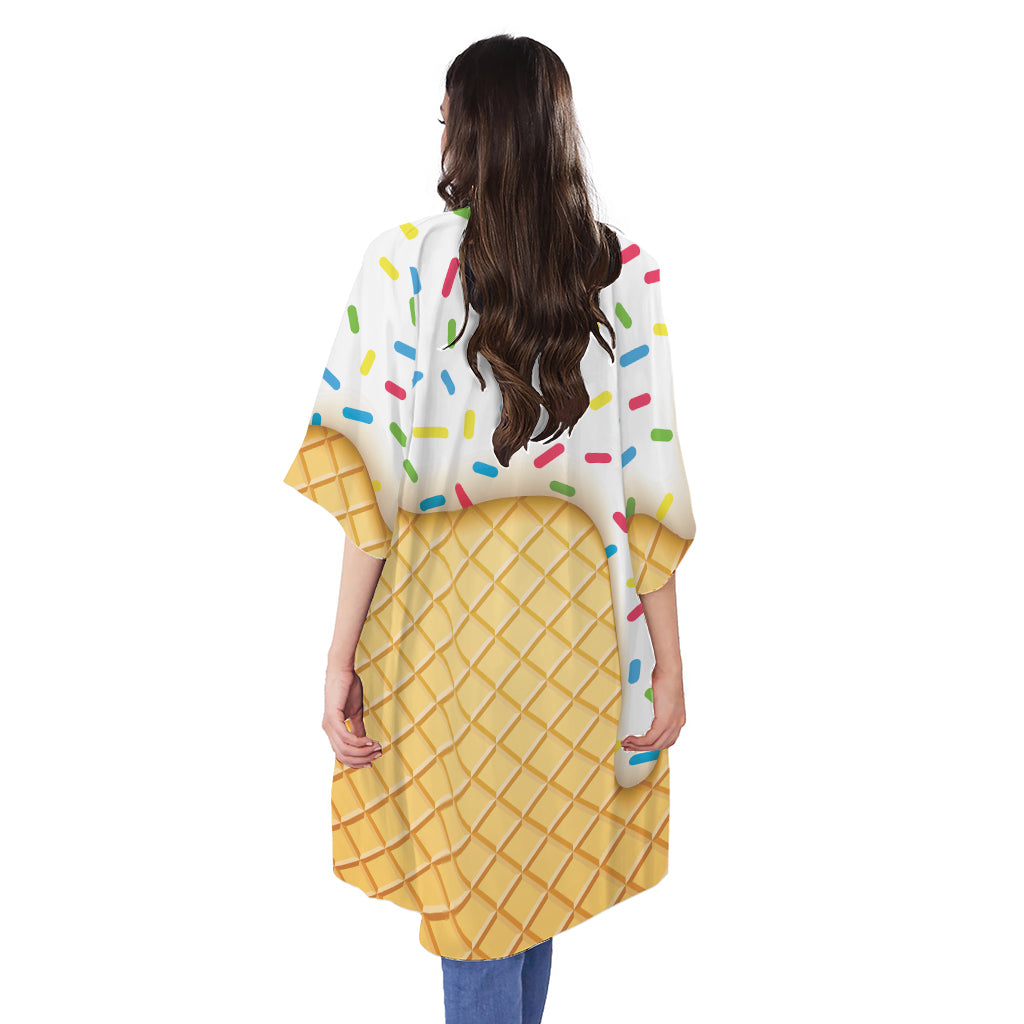 White Ice Cream Melted Print Open Front Beach Cover Up