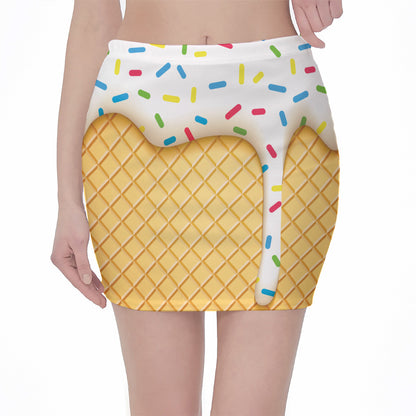 White Ice Cream Melted Print Pencil Mini Skirt