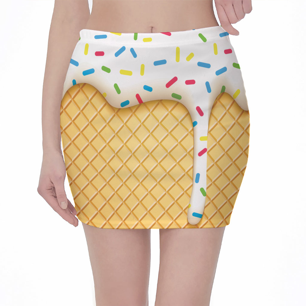 White Ice Cream Melted Print Pencil Mini Skirt