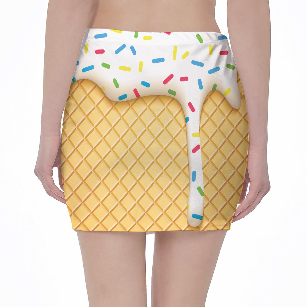 White Ice Cream Melted Print Pencil Mini Skirt