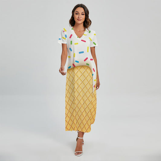 White Ice Cream Melted Print Short Sleeve Maxi Dress