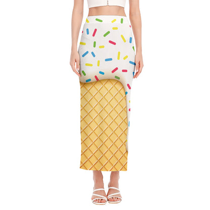 White Ice Cream Melted Print Side Slit Maxi Skirt