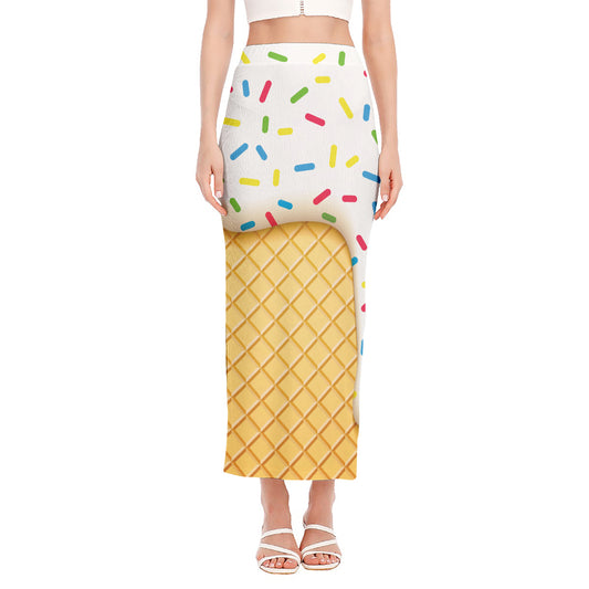 White Ice Cream Melted Print Side Slit Maxi Skirt