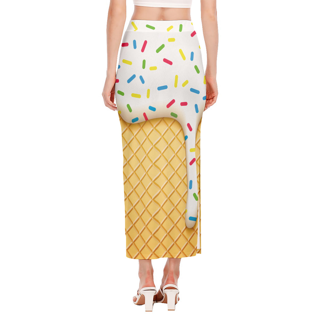 White Ice Cream Melted Print Side Slit Maxi Skirt