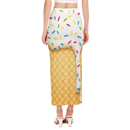 White Ice Cream Melted Print Side Slit Maxi Skirt