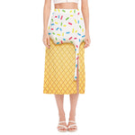 White Ice Cream Melted Print Side Slit Midi Skirt