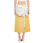 White Ice Cream Melted Print Side Slit Midi Skirt