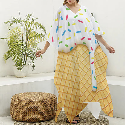 White Ice Cream Melted Print Silk V-Neck Kaftan Dress