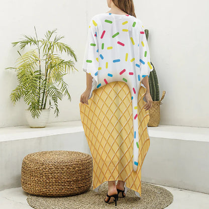 White Ice Cream Melted Print Silk V-Neck Kaftan Dress
