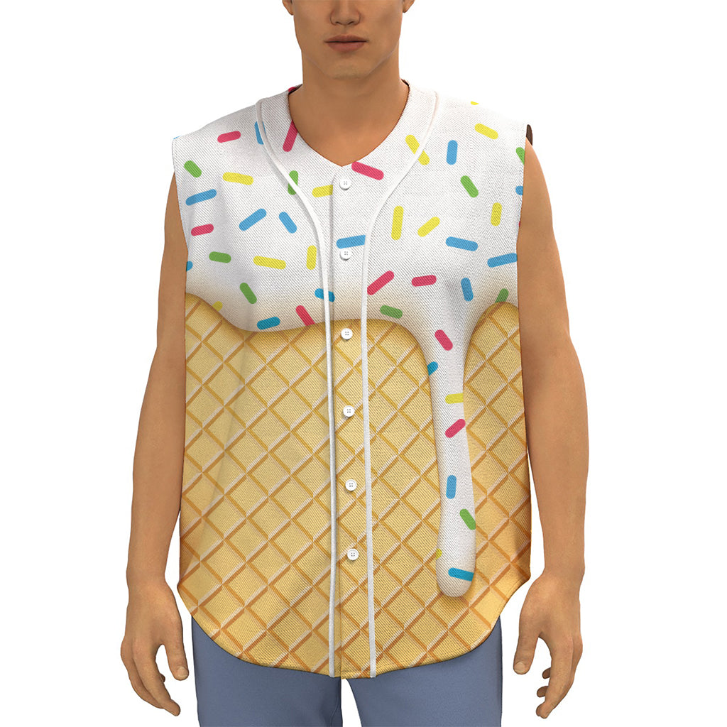 White Ice Cream Melted Print Sleeveless Baseball Jersey