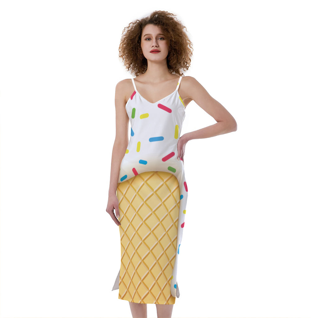 White Ice Cream Melted Print Slim Fit Midi Cami Dress