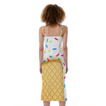 White Ice Cream Melted Print Slim Fit Midi Cami Dress