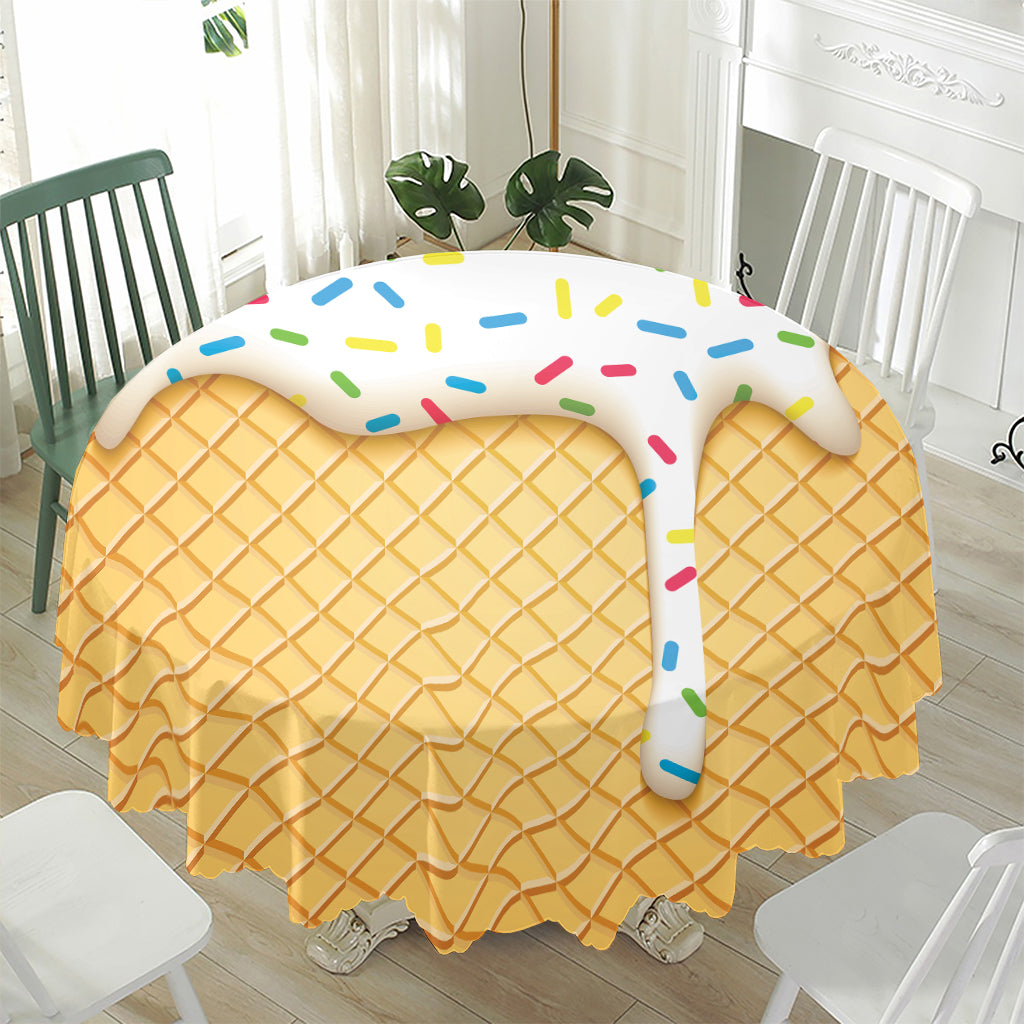 White Ice Cream Melted Print Waterproof Round Tablecloth