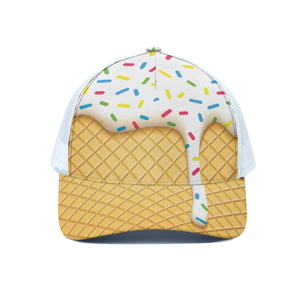 White Ice Cream Melted Print White Mesh Trucker Cap