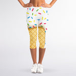 White Ice Cream Melted Print Women's Capri Leggings