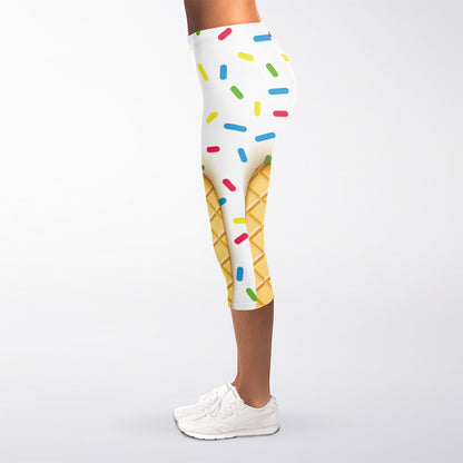 White Ice Cream Melted Print Women's Capri Leggings