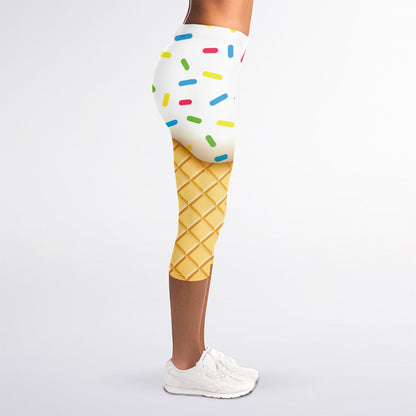 White Ice Cream Melted Print Women's Capri Leggings