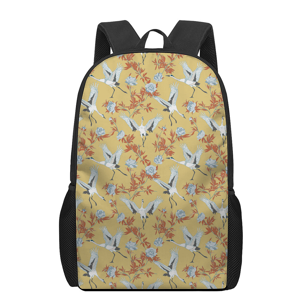White Japanese Cranes Pattern Print 17 Inch Backpack