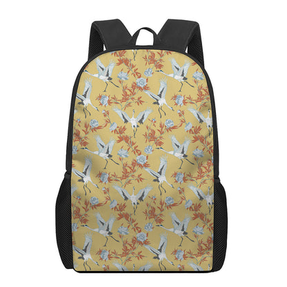 White Japanese Cranes Pattern Print 17 Inch Backpack