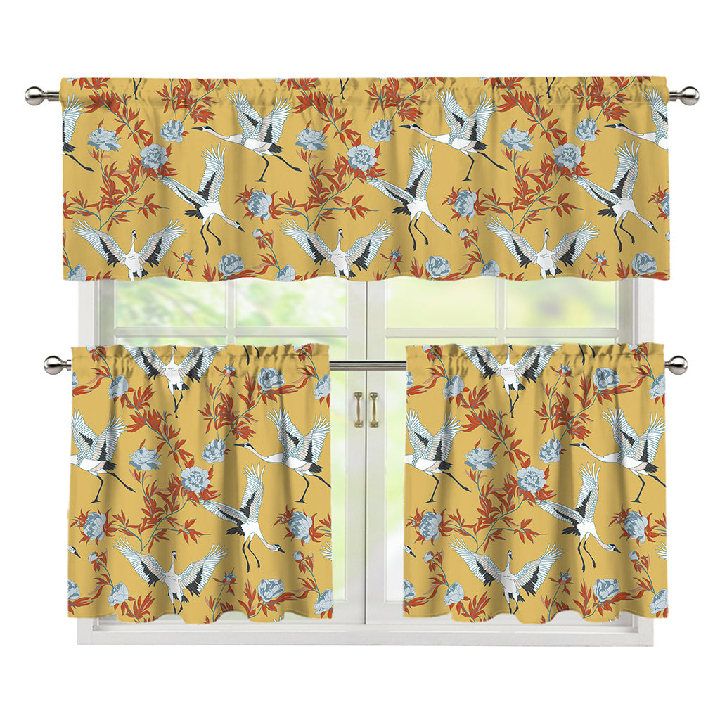 White Japanese Cranes Pattern Print 3 Piece Kitchen Curtains