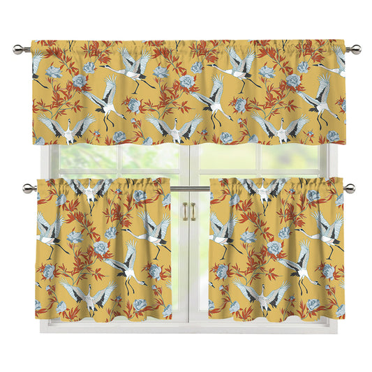White Japanese Cranes Pattern Print 3 Piece Kitchen Curtains