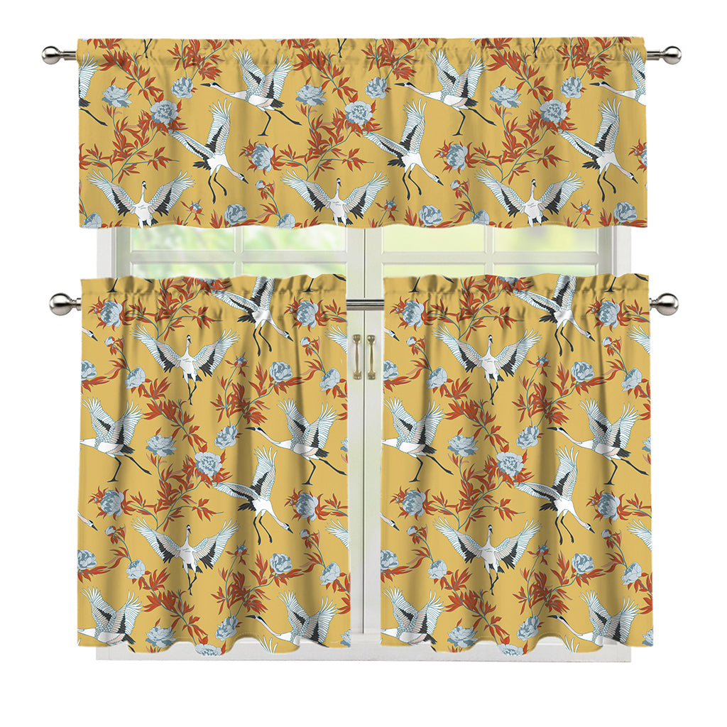 White Japanese Cranes Pattern Print 3 Piece Kitchen Curtains