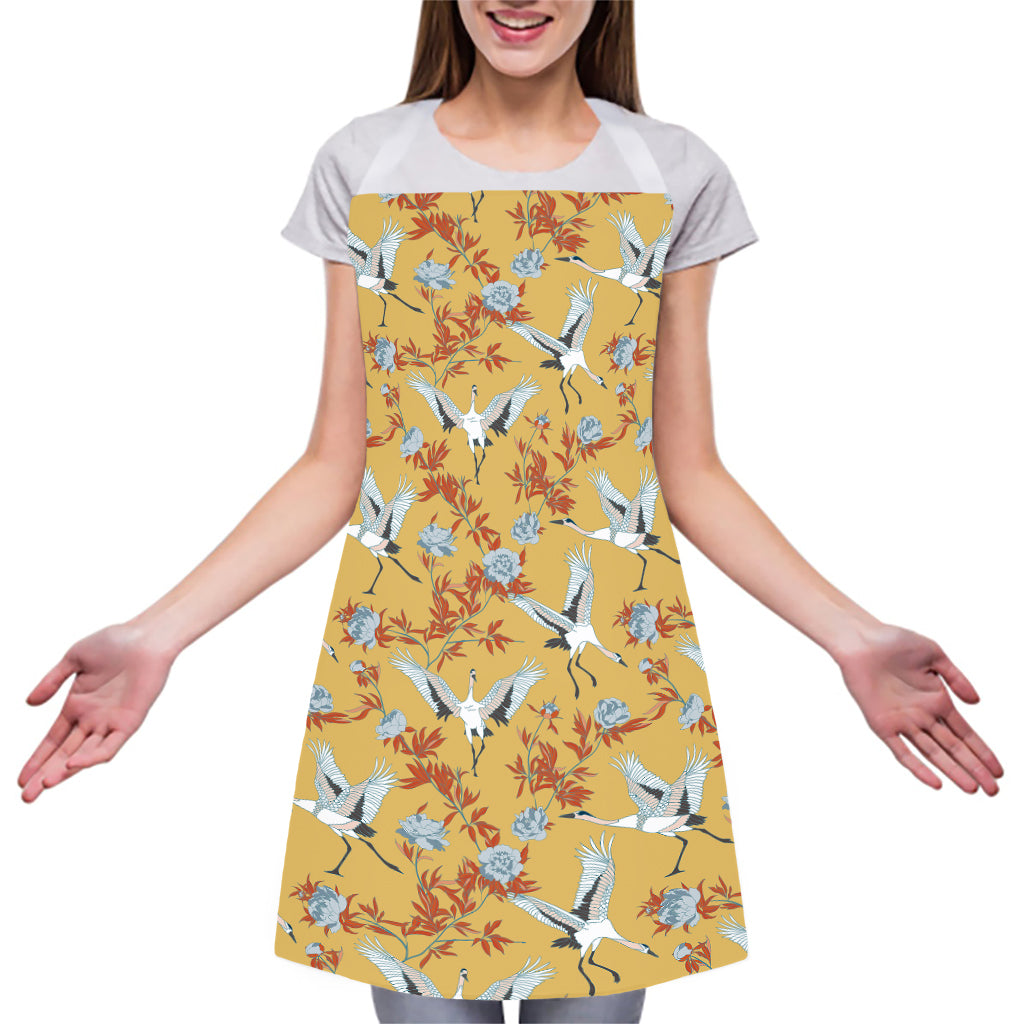 White Japanese Cranes Pattern Print Adjustable Apron