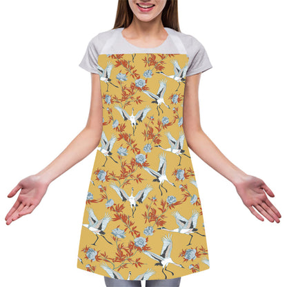 White Japanese Cranes Pattern Print Adjustable Apron