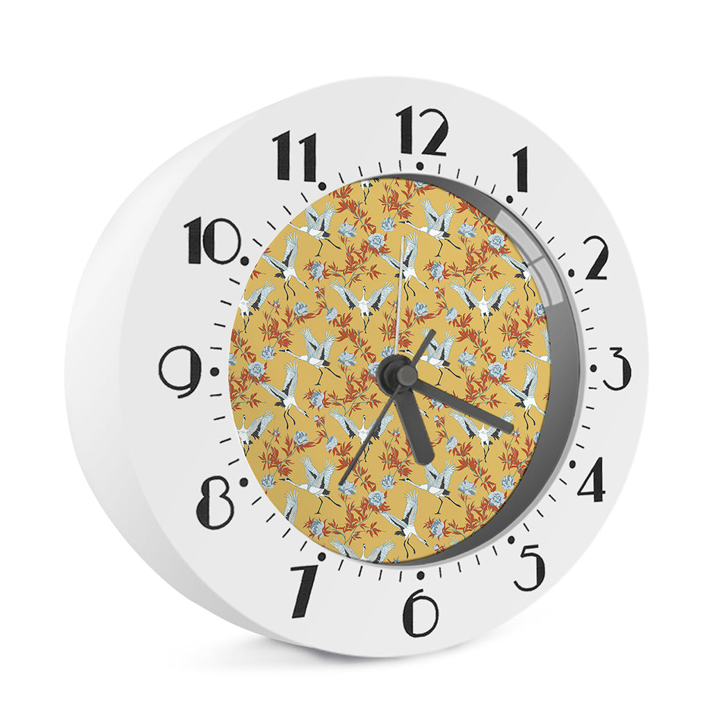 White Japanese Cranes Pattern Print Alarm Clock