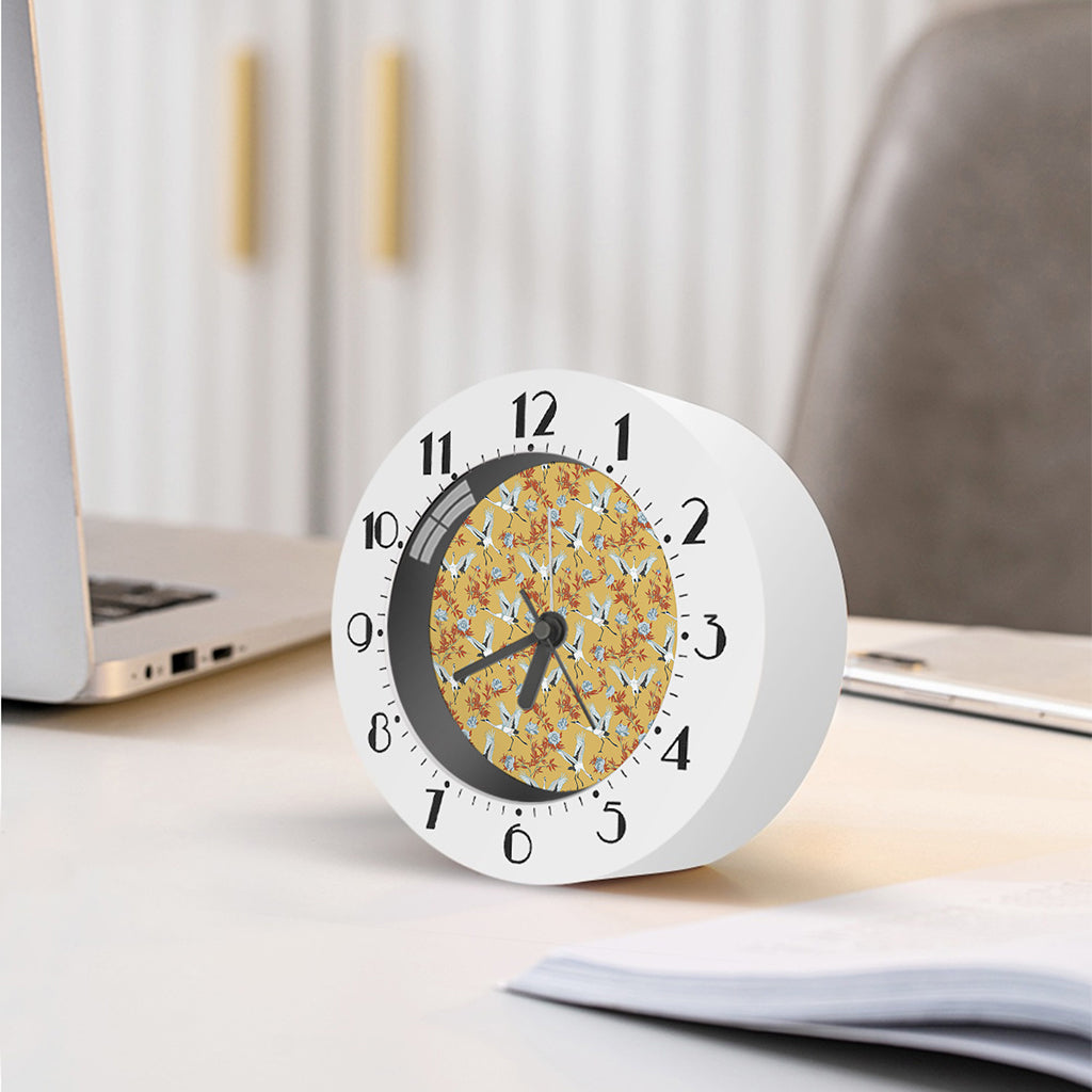 White Japanese Cranes Pattern Print Alarm Clock