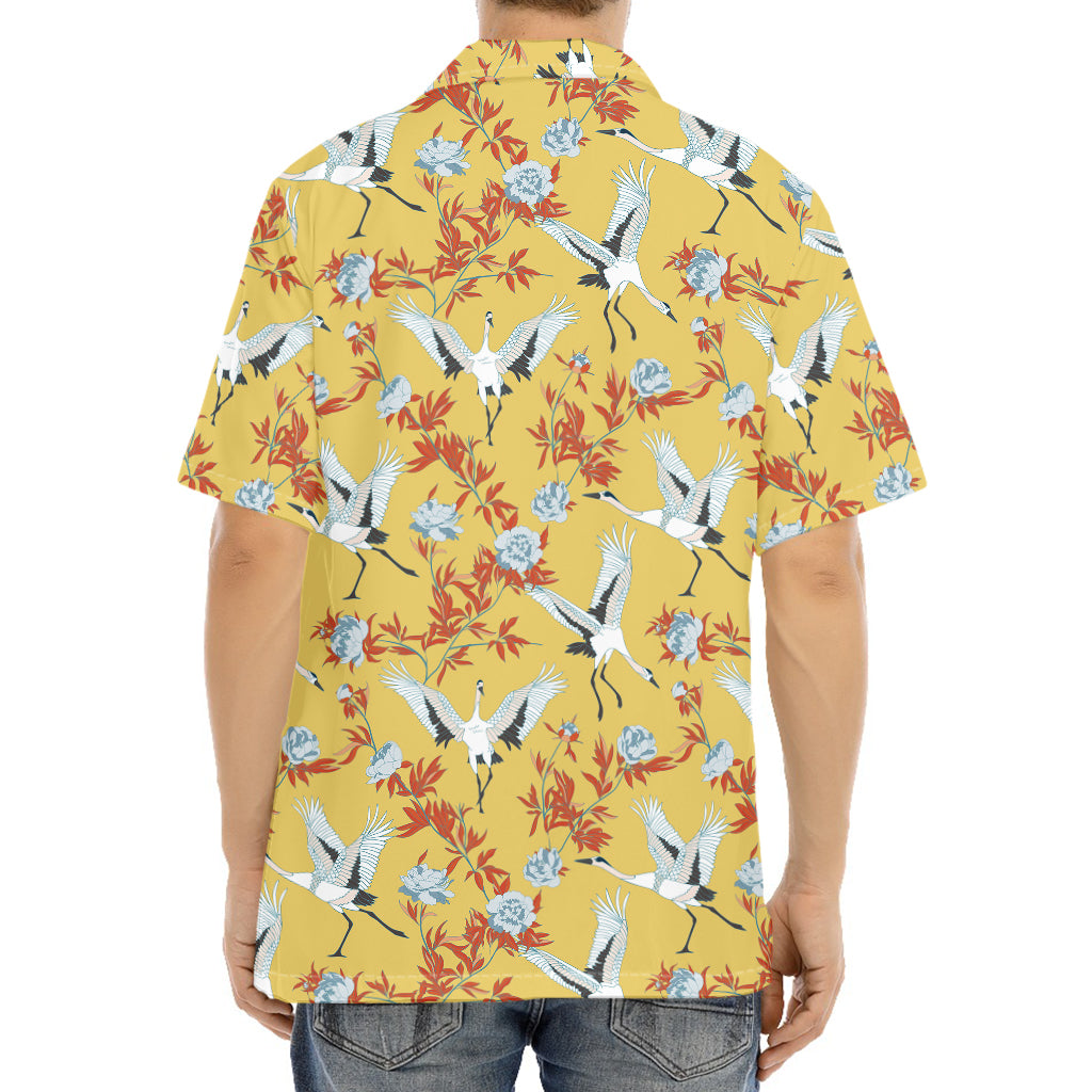 White Japanese Cranes Pattern Print Aloha Shirt
