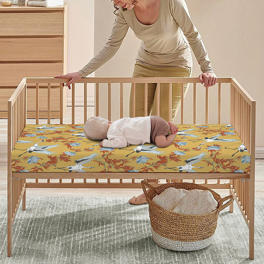 White Japanese Cranes Pattern Print Baby Crib Sheet