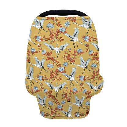 White Japanese Cranes Pattern Print Baby Seat Cover