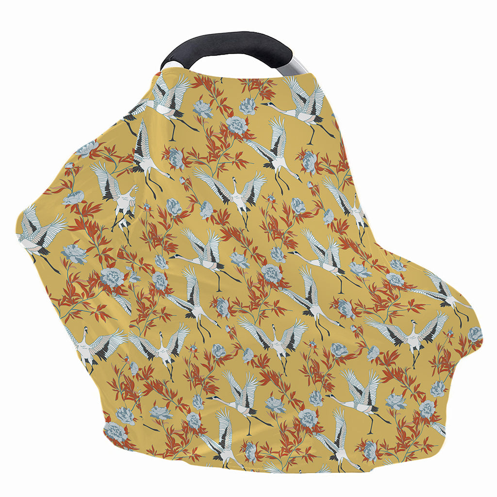 White Japanese Cranes Pattern Print Baby Seat Cover