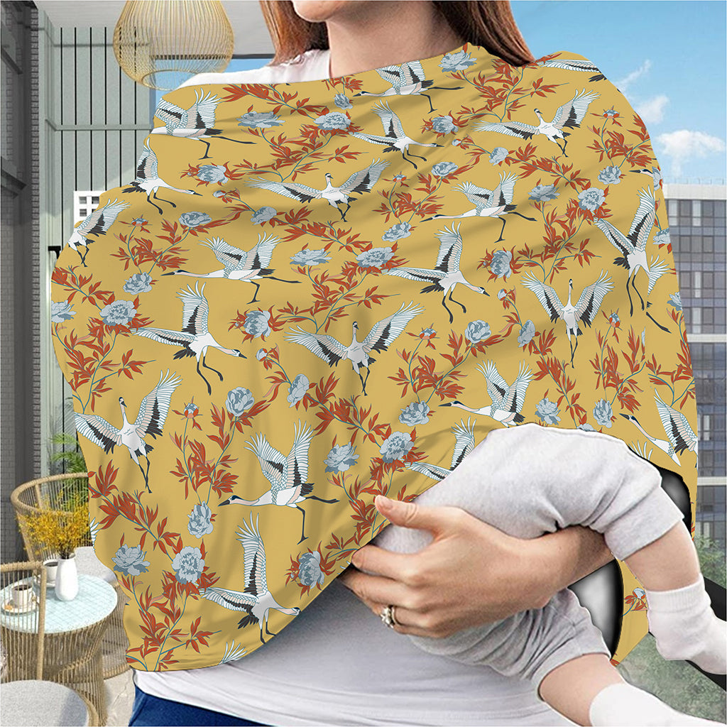 White Japanese Cranes Pattern Print Baby Seat Cover