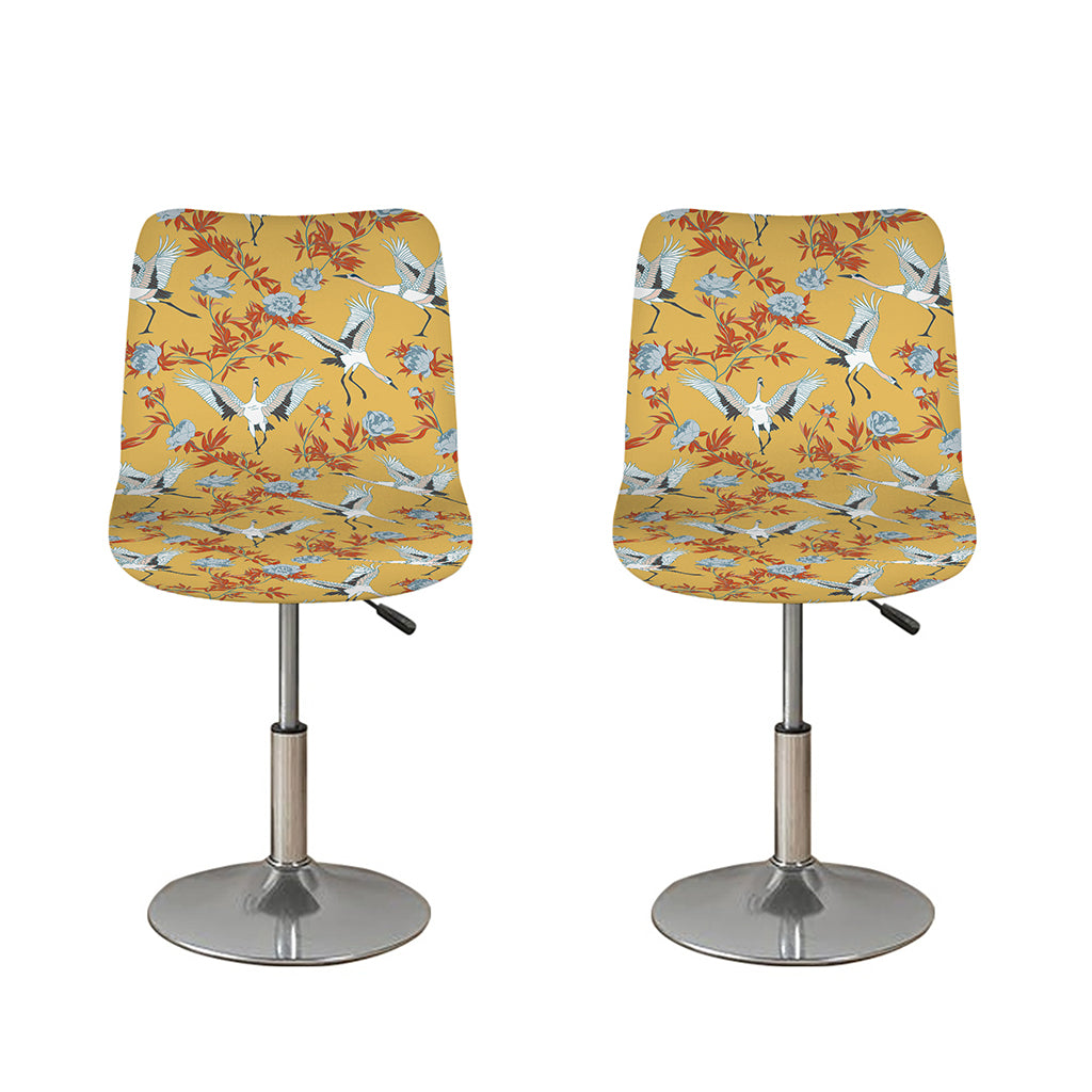 White Japanese Cranes Pattern Print Bar Stool Covers