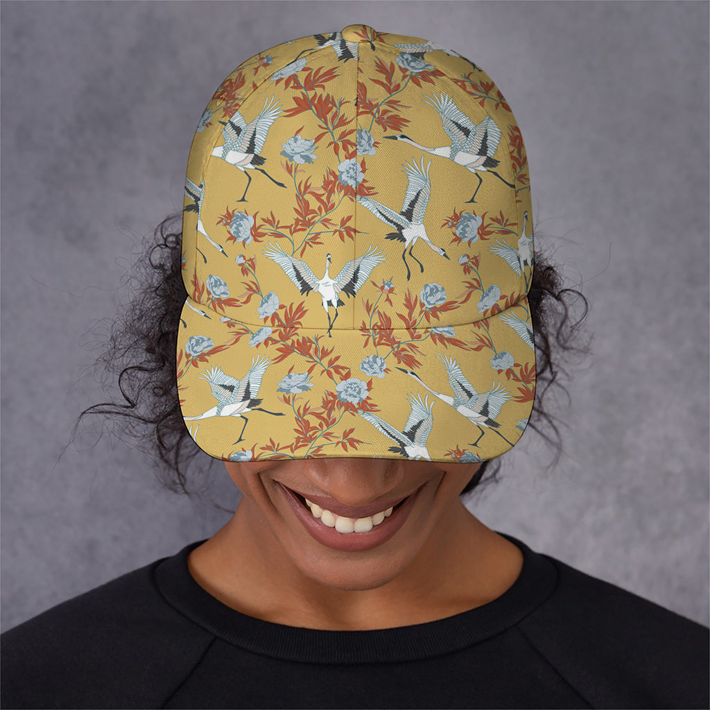 White Japanese Cranes Pattern Print Baseball Cap