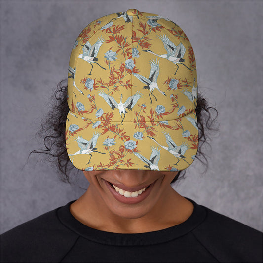 White Japanese Cranes Pattern Print Baseball Cap