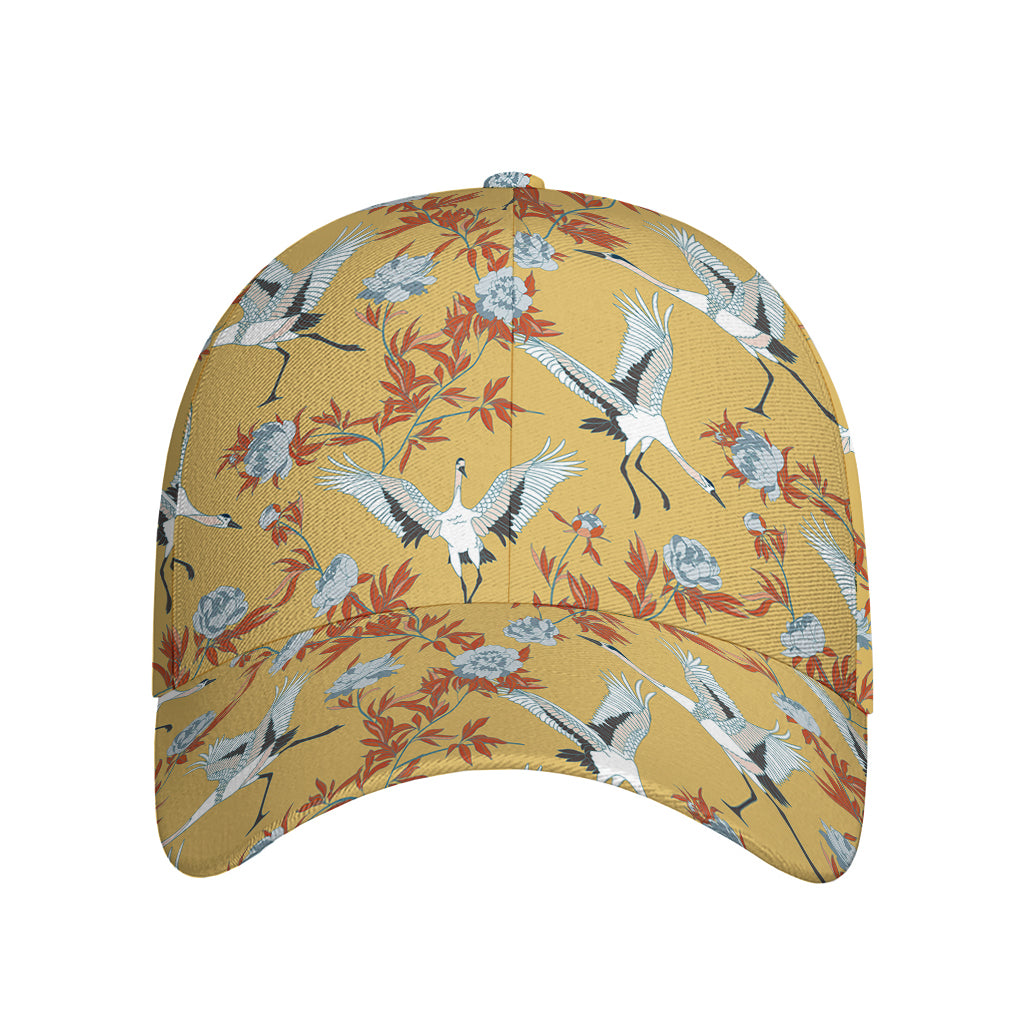 White Japanese Cranes Pattern Print Baseball Cap