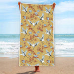 White Japanese Cranes Pattern Print Beach Towel