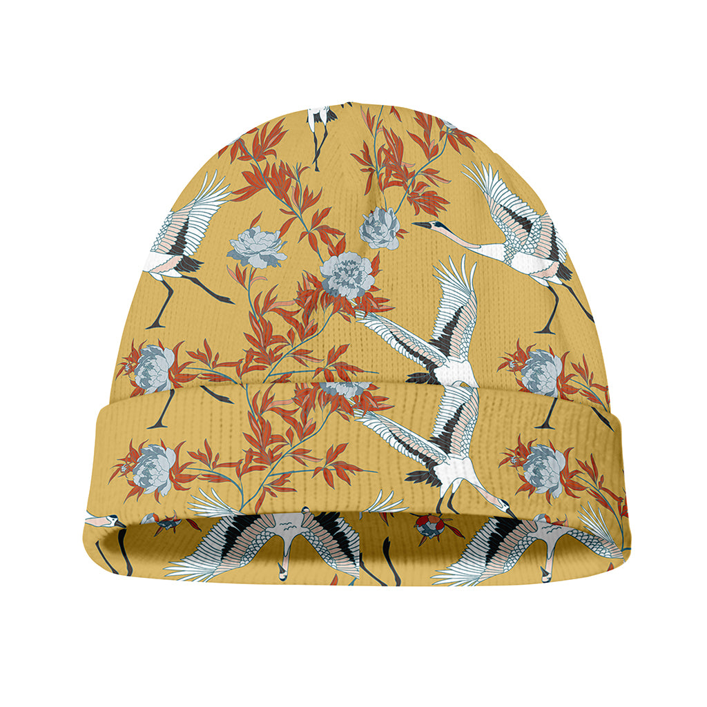 White Japanese Cranes Pattern Print Beanie