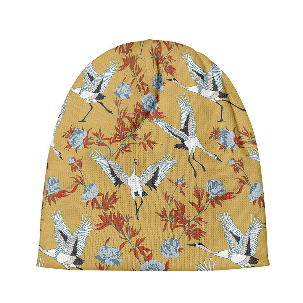 White Japanese Cranes Pattern Print Beanie