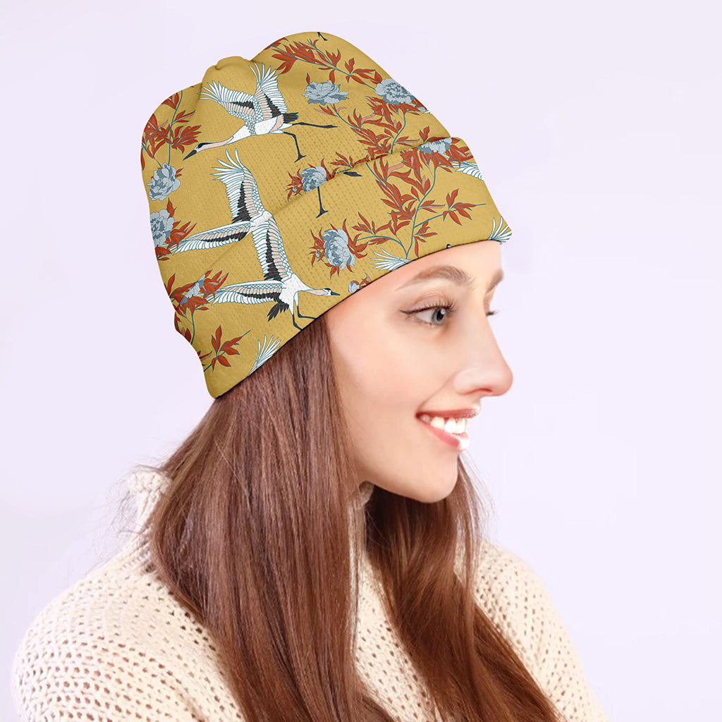 White Japanese Cranes Pattern Print Beanie