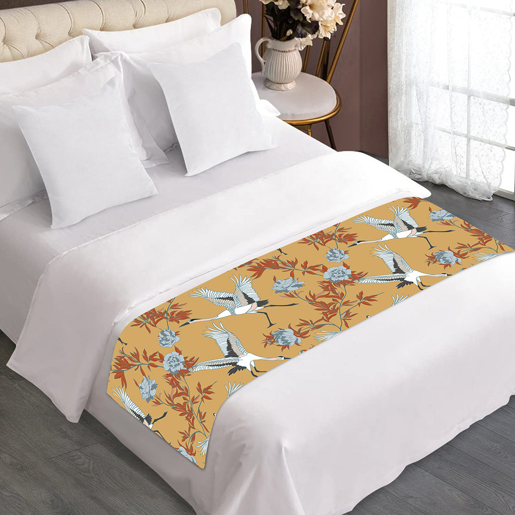 White Japanese Cranes Pattern Print Bed Runner