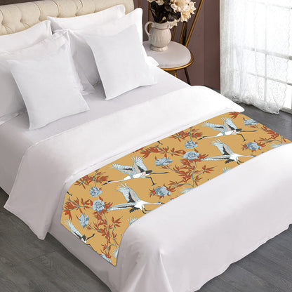 White Japanese Cranes Pattern Print Bed Runner