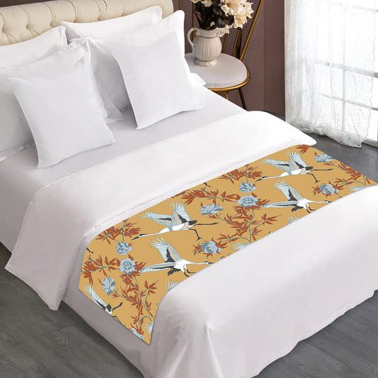 White Japanese Cranes Pattern Print Bed Runner