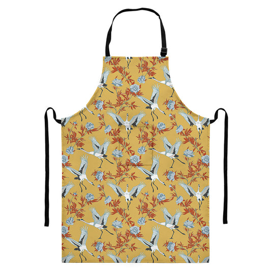 White Japanese Cranes Pattern Print Bib Apron With Pocket
