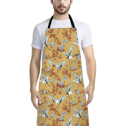 White Japanese Cranes Pattern Print Bib Apron With Pocket