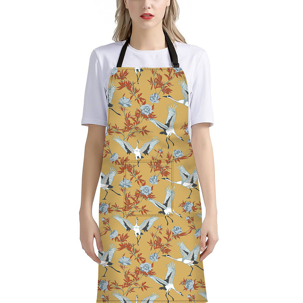 White Japanese Cranes Pattern Print Bib Apron With Pocket