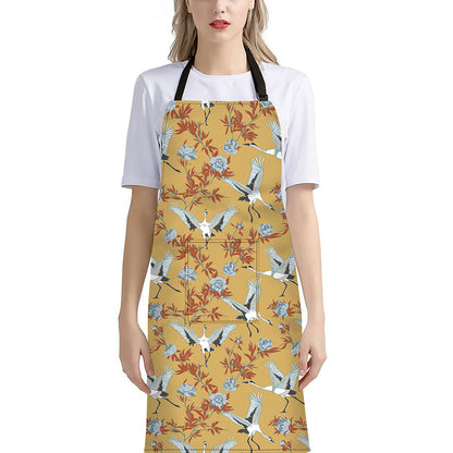 White Japanese Cranes Pattern Print Bib Apron With Pocket